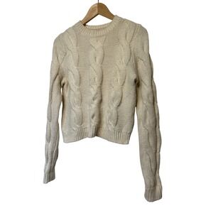 Boden Cable Knit Cropped Extra Long‎ Sleeve Sweater Ivory Wool Blend US 6 UK 10